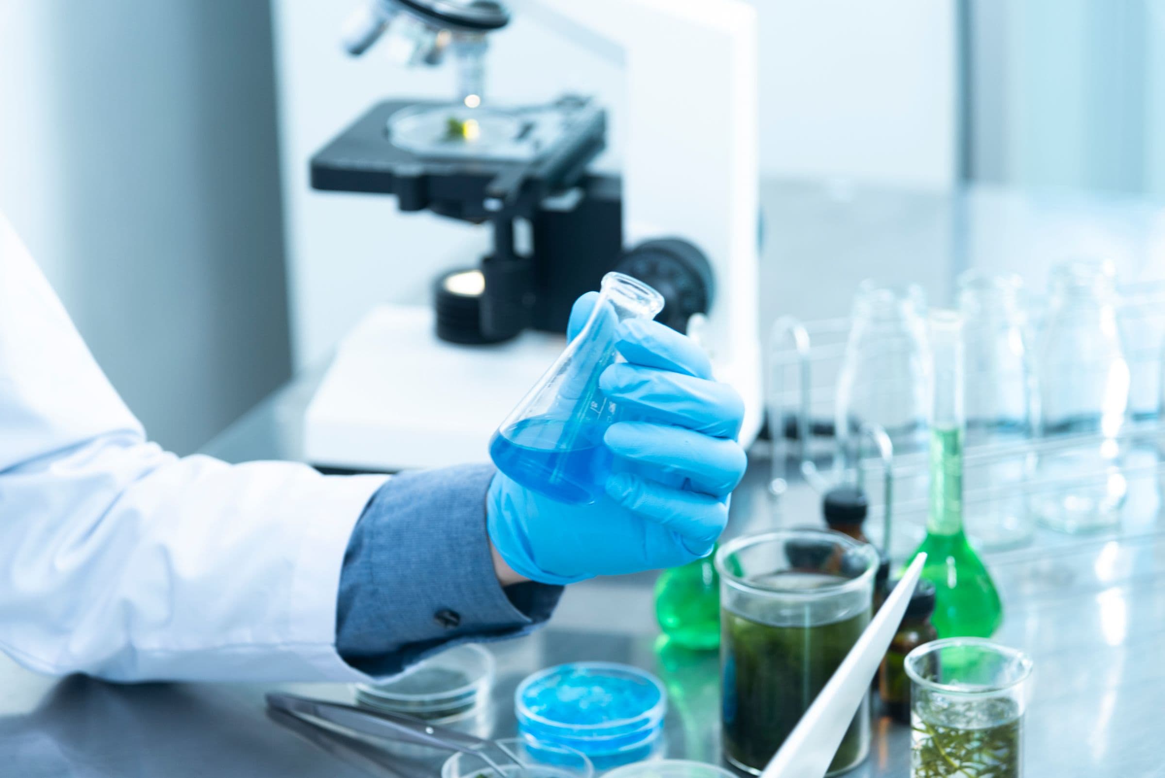 Scientist holding a conical flask of blue liquid at a laboratory bench with a microscope and glassware